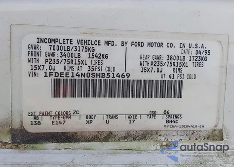 1995 Ford Econoline E150 Van из США, поврежденный, VIN 1FDEE14N0SHB51469